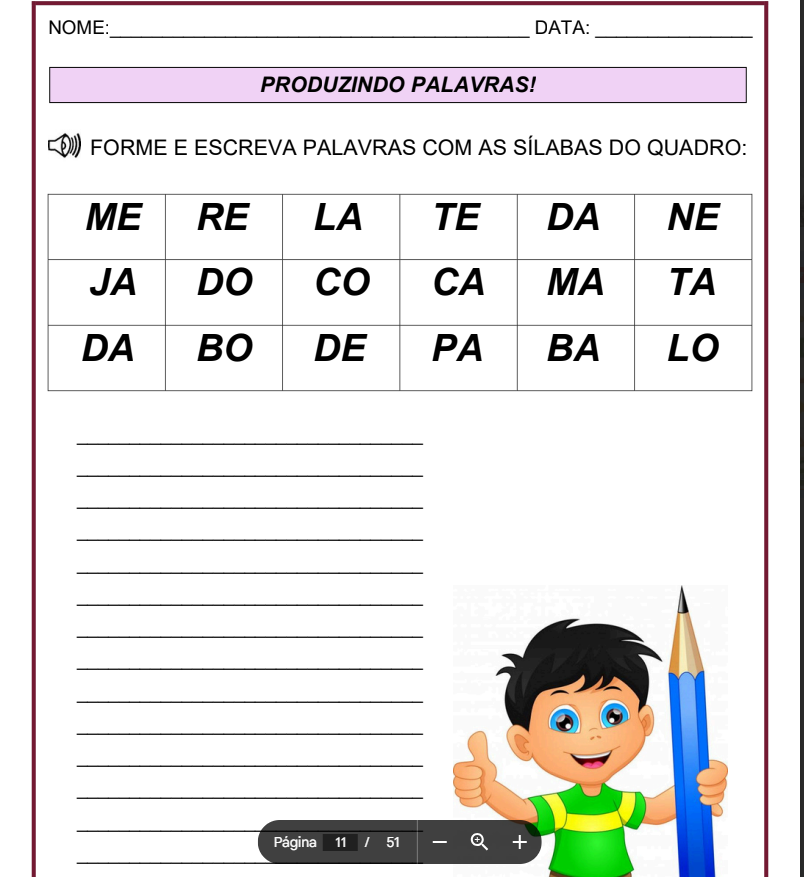 Atividade de formação de palavras com sílabas