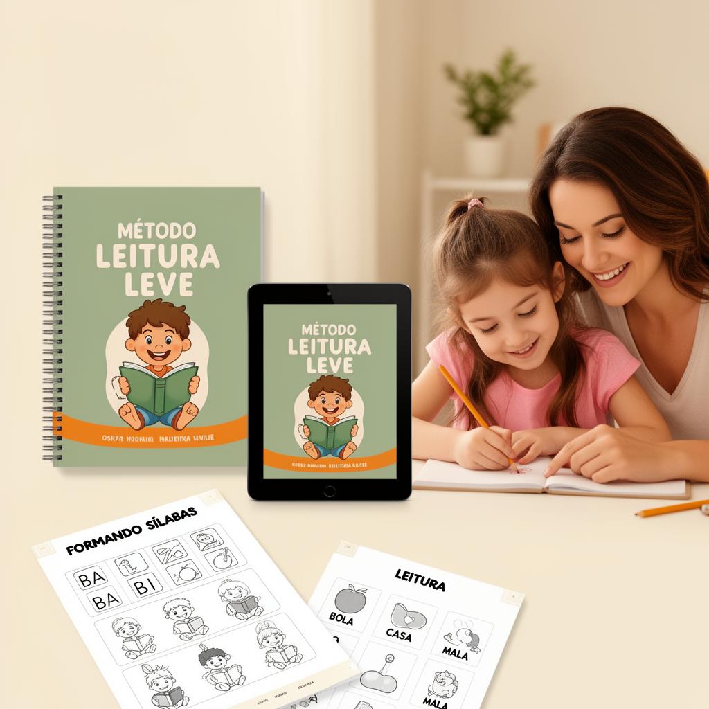 Mãe ensinando criança com o Método Leitura Leve — caderno, tablet e atividades